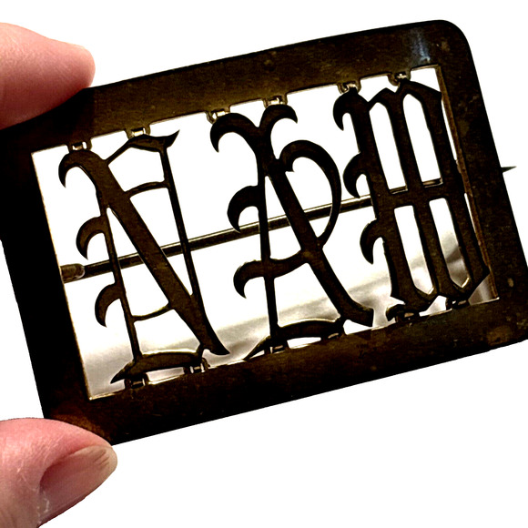 Antique Victorian Brooch Scarf Pin Monogram Insignia Goldtone Brass? Rectangle - Picture 7 of 10